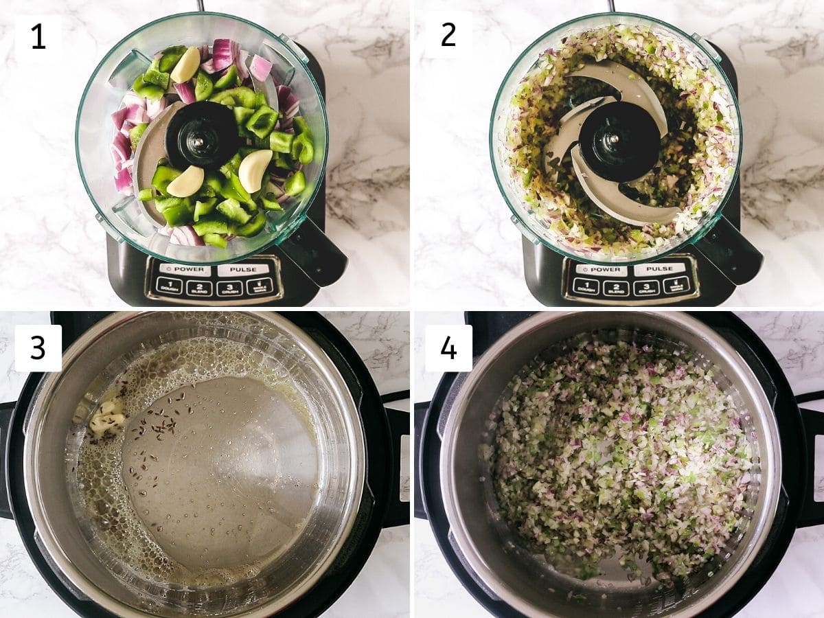 process shot of pulsing onion, pepper and sauteing in instant pot