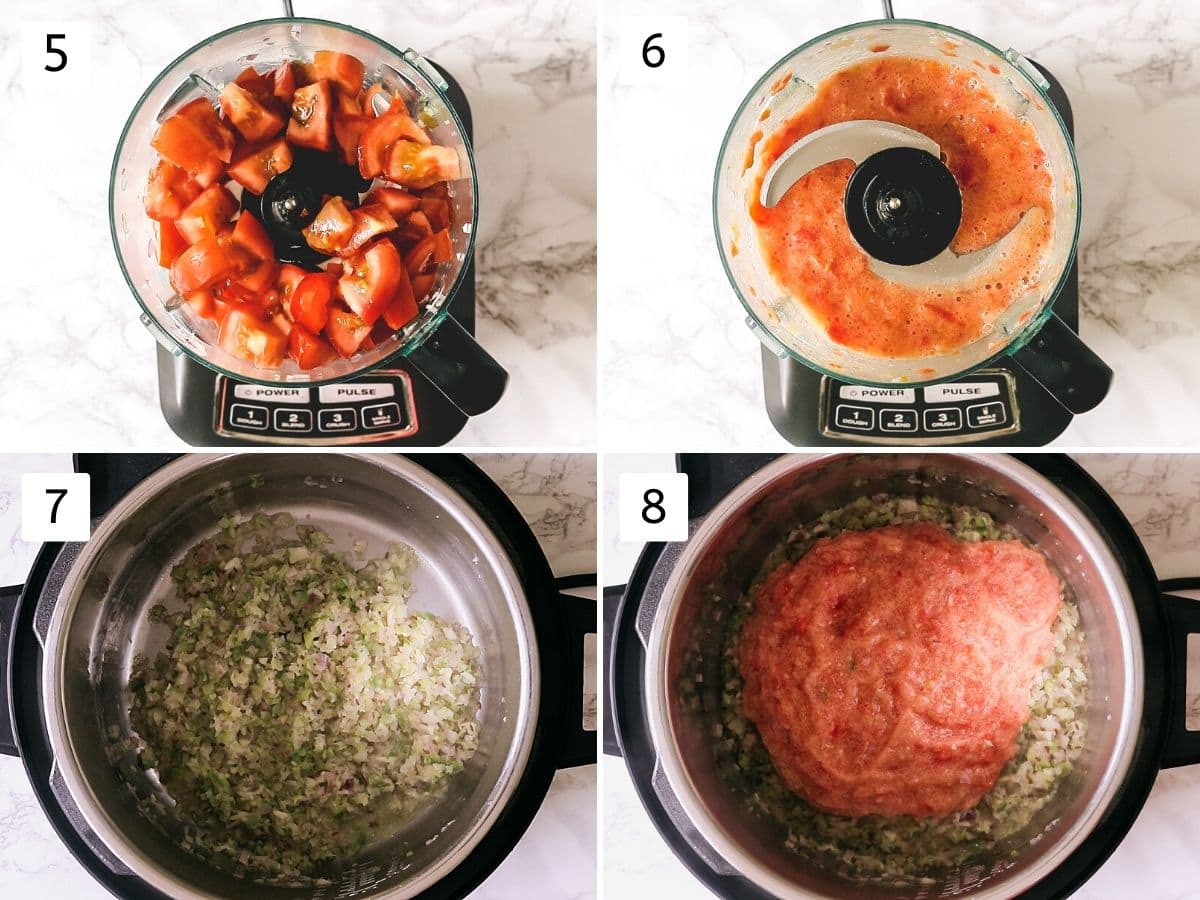 process shots of pureeing tomatoes and adding into instant pot