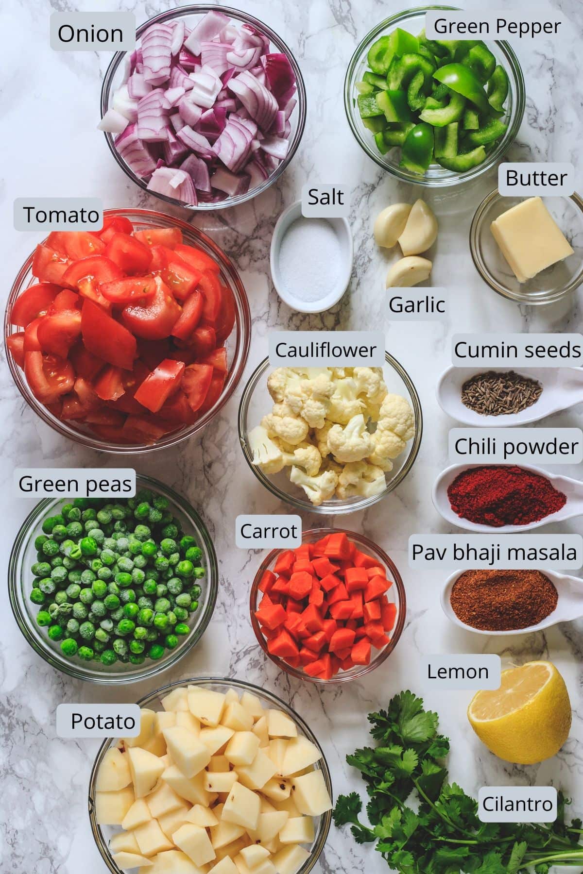 ingredients for pav bhaji in individual bowls