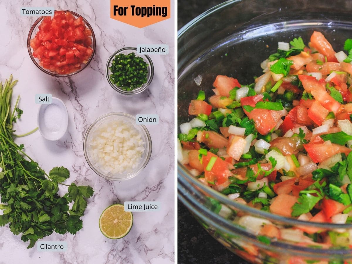 Collage of pico de gallo topping ingredients and final pic