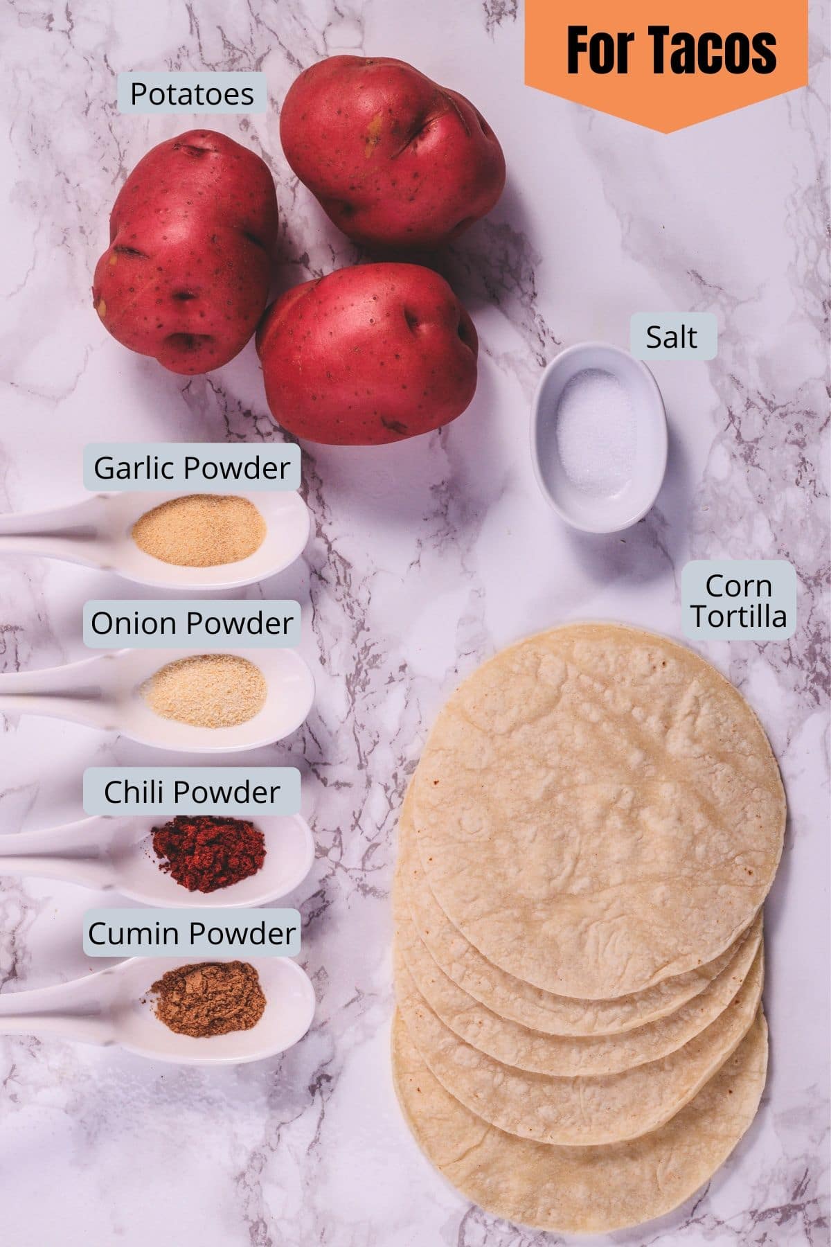 Mexican crispy potato taco ingredients with labels.