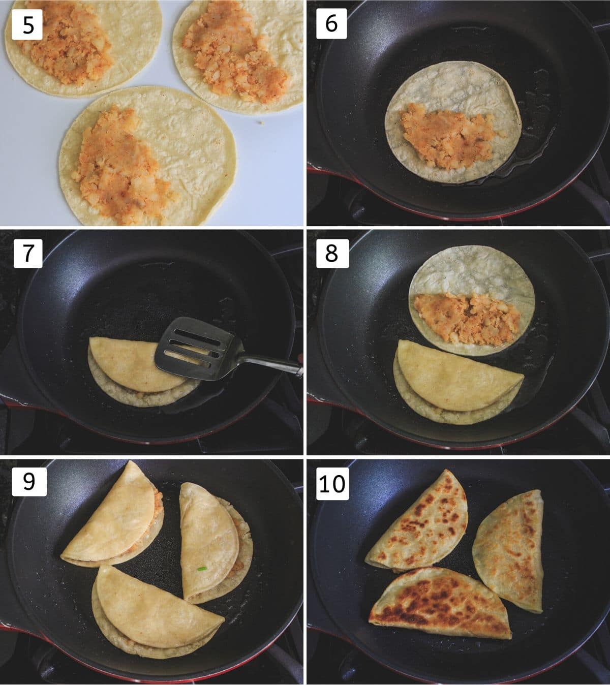 Process shots of frying potato tacos.