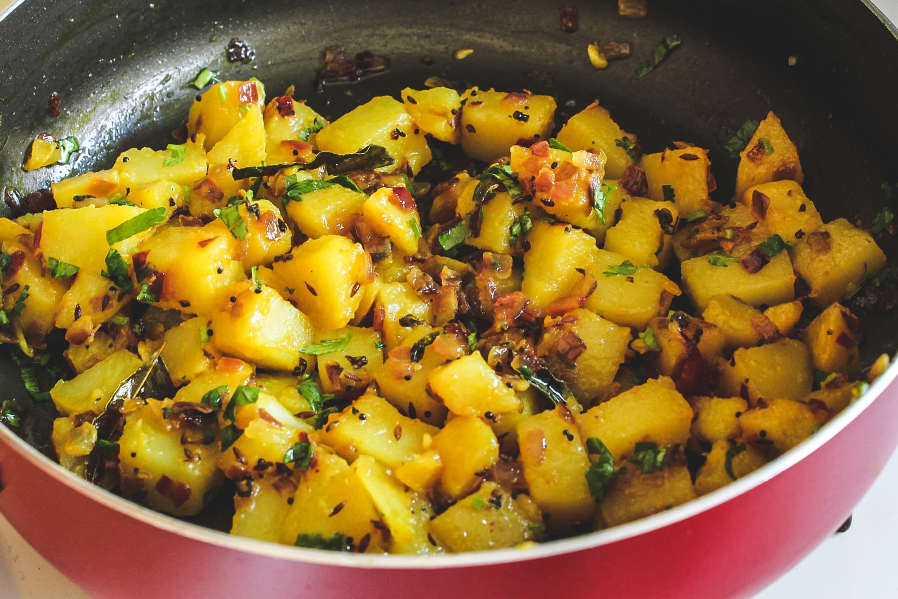 Image of potato bhaji in the pan ready to serve.