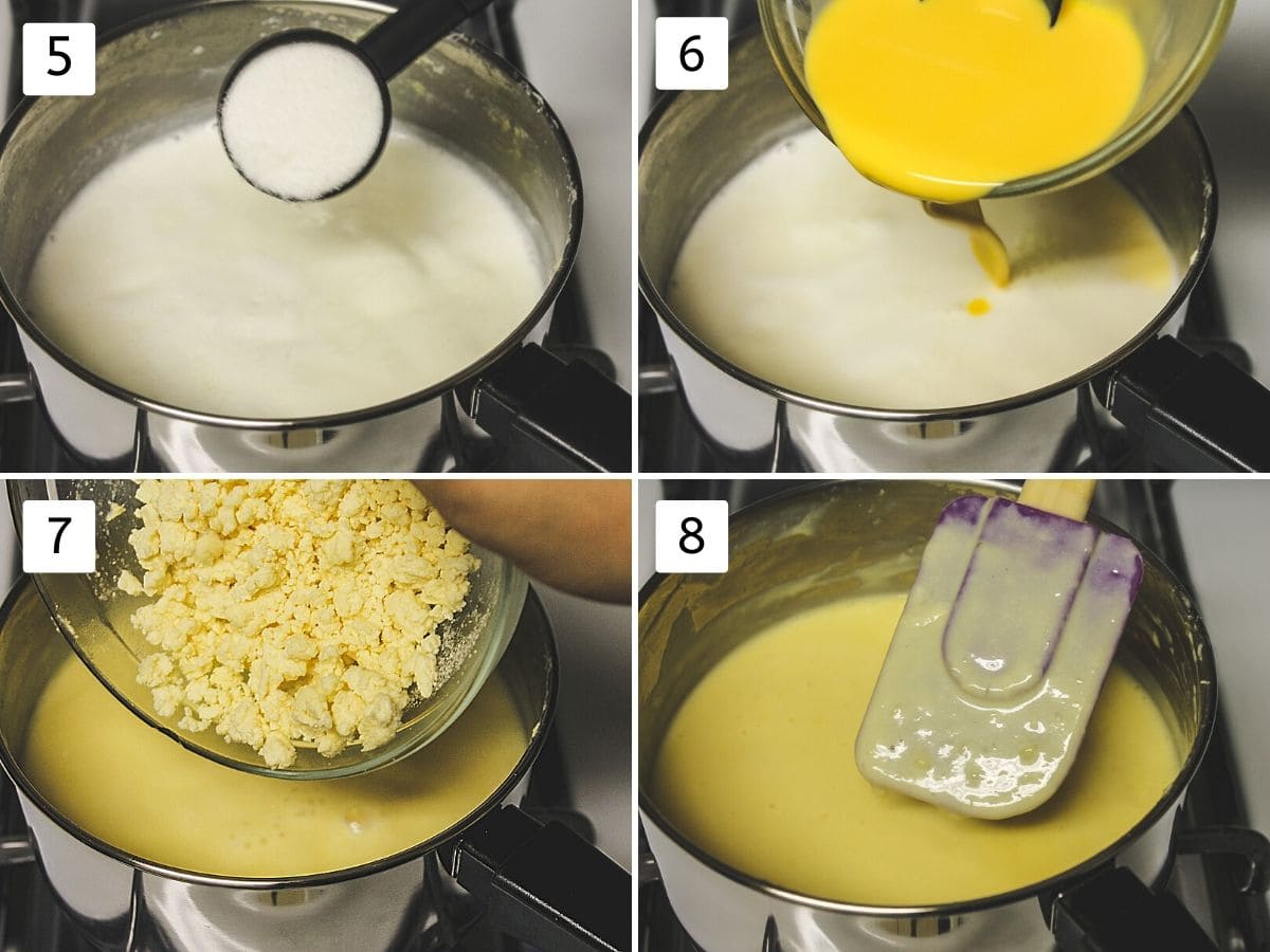 collage of steps of adding sugar, custard mixture, khoya and simmering