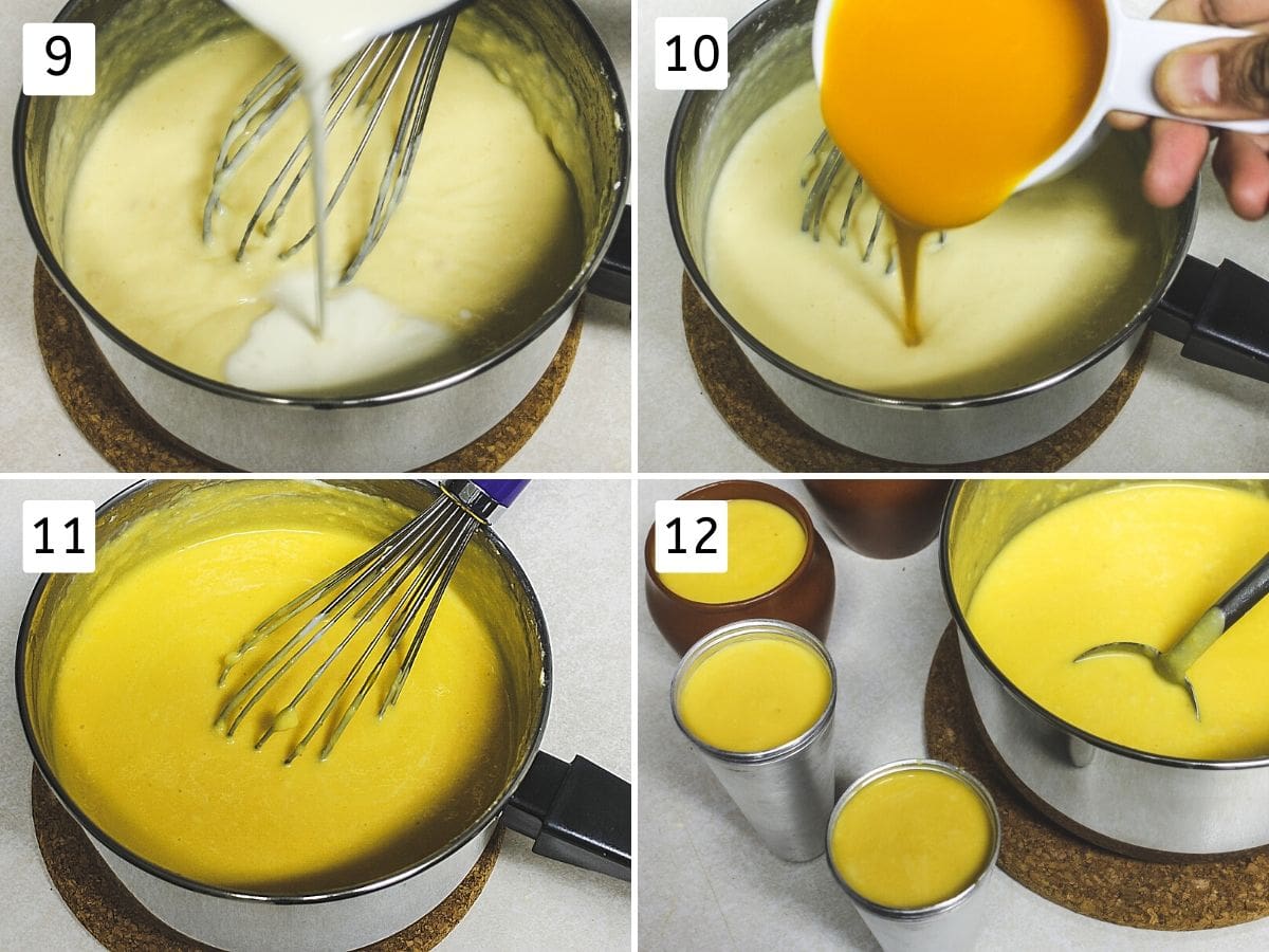 collage of steps of adding cream, mango pulp and pouring into molds