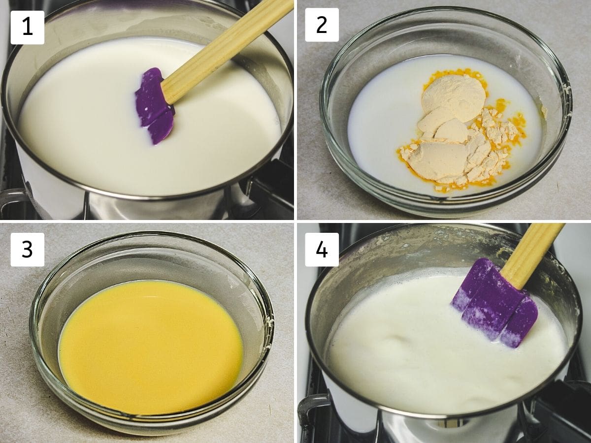 collage of steps of making custard mixture and simmering milk