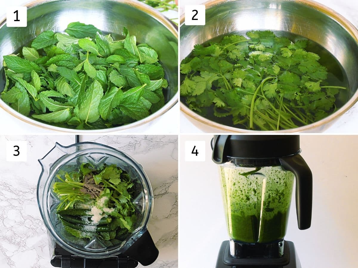 collage of washing mint leaves and cilantro, dumping all into blender jar and grinding