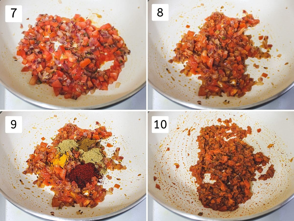 collage of cooking tomatoes and adding, mixing indian spice powders