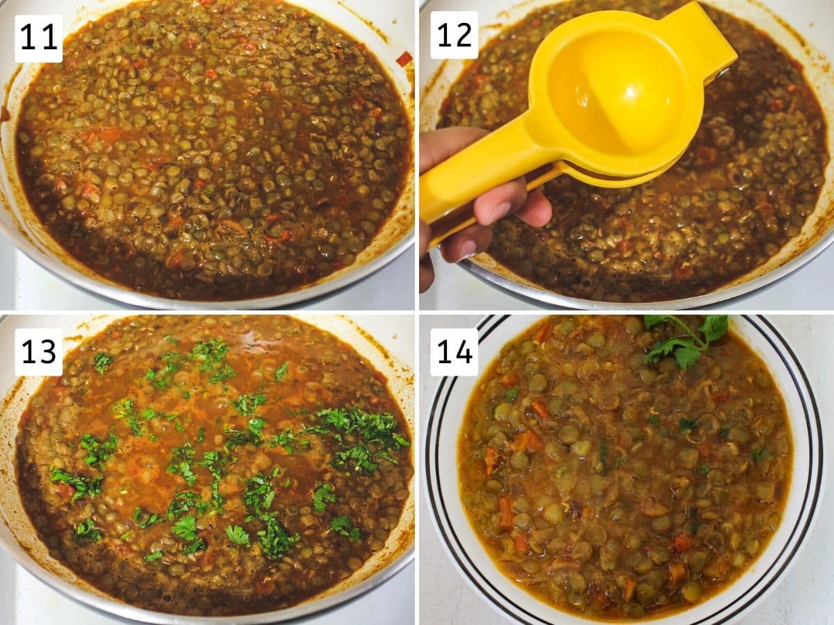 Collage of adding boiled lentils, lemon juice, cilantro and cooked masoor dal served in a bowl