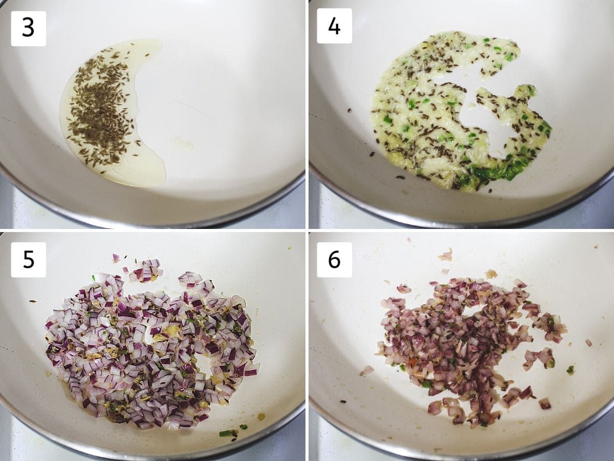 Collage of sizzling cumin seeds, cooking ginger, garlic, green chili and sauteing onions