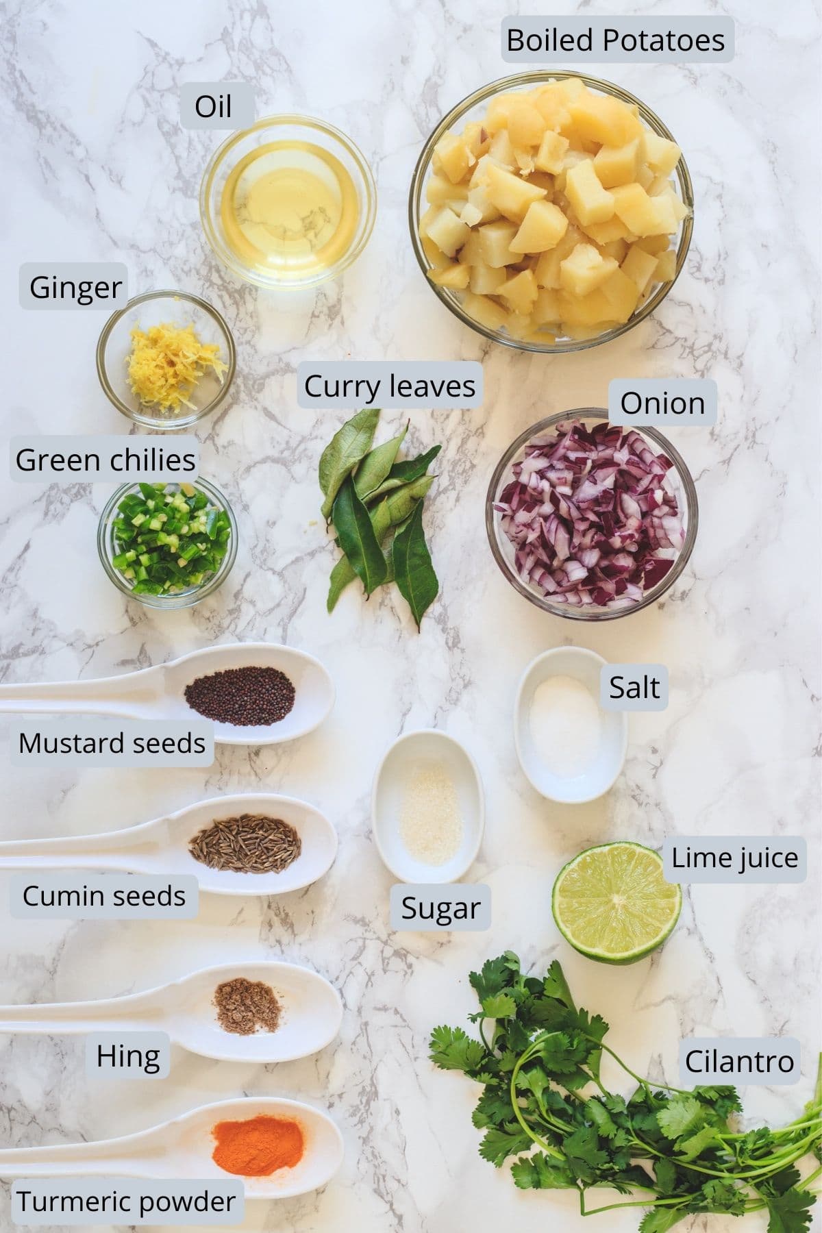 Image of ingredients used in making batata bhaji. Includes potatoes, green chili, curry leaves, spices, salt, onion, potato and cilantro.