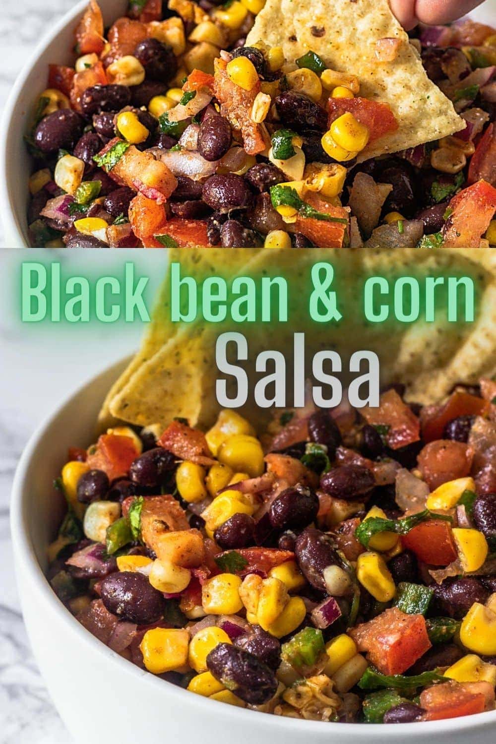 collage of 2 images of black bean corn salsa with text on the image for pintreset.