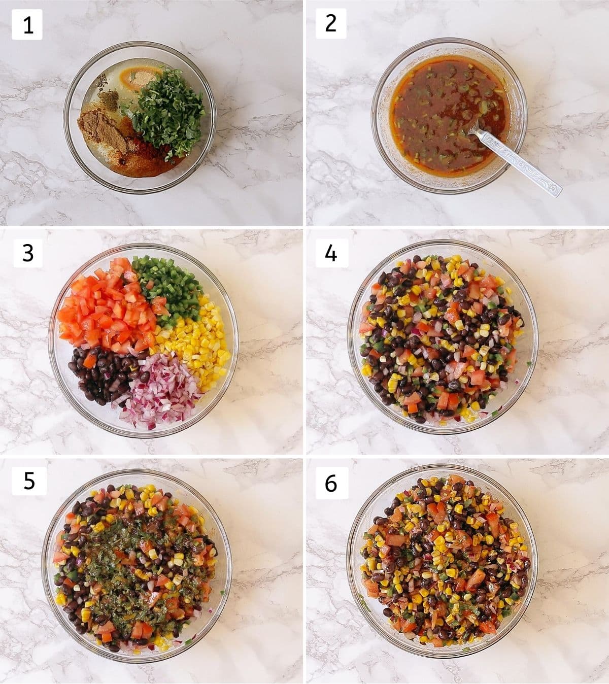 Collage of 6 steps of making black bean corn salsa. Showing adding, mixing of oil, lime juice & spices, adding, mixing of salsa ingredients, adding dressing and mixing salsa.