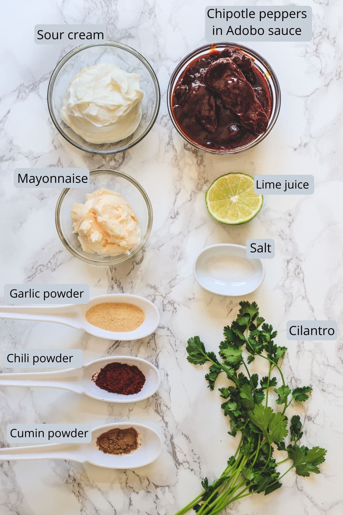 Chipotle sauce ingredients in bowls and spoons with labels.