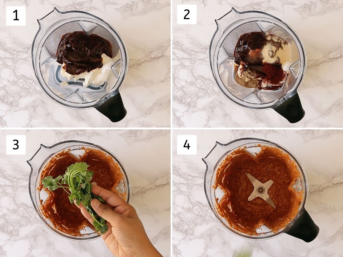 Collage of 4 steps making chipotle sauce. Includes adding sour cream, mayo, chipotle peppers, salt, spices, cilantro in the blender and blended sauce.