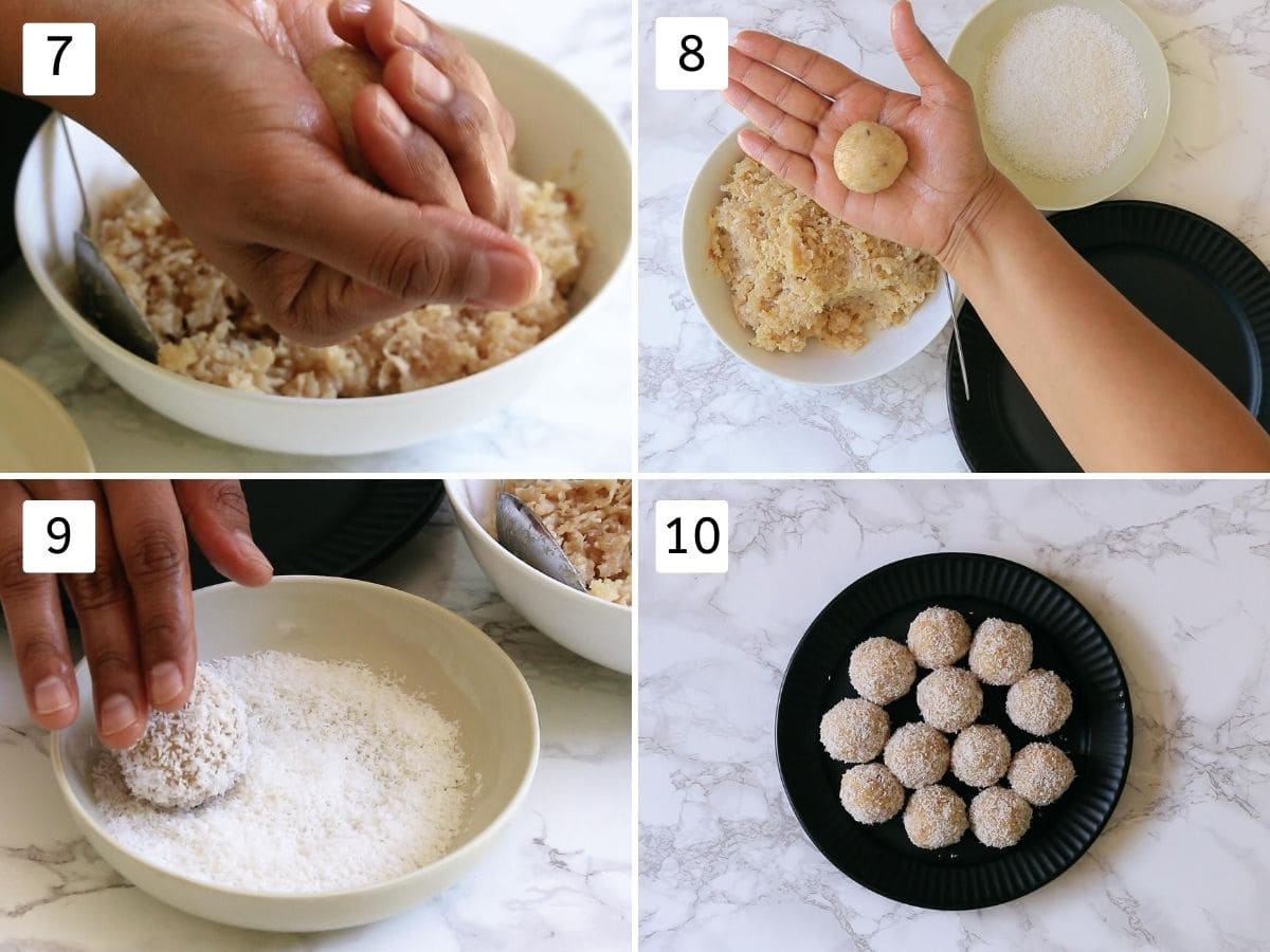  collage af shaping coconut ladoo. Viser forme stram bold hjælp knytnæve, rullende i tør kokos og anbragt på pladen.