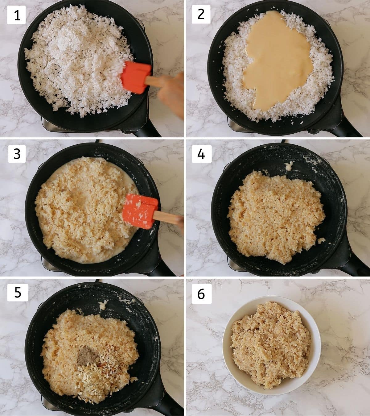 colaj de luare de nucă de cocos ladoo amestec. Include prăjirea nucă de cocos, adăugarea de lapte condensat, gătit, adăugarea de nuci, îndepărtarea într-un castron.