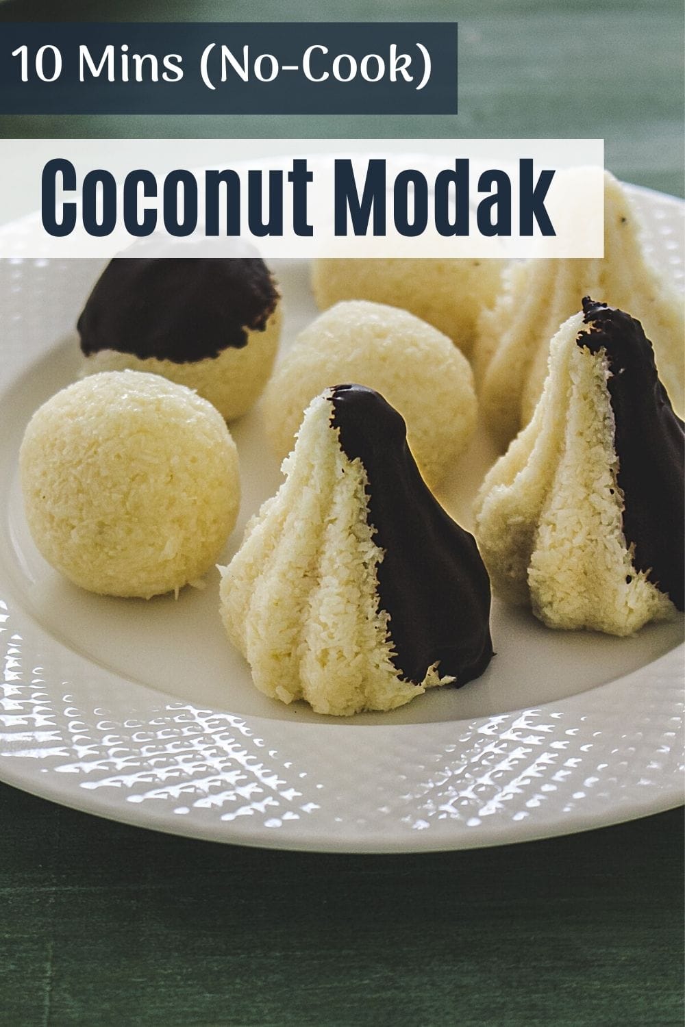 Chocolate covered coconut modak and ladoo in a plate with text on top for pinterest