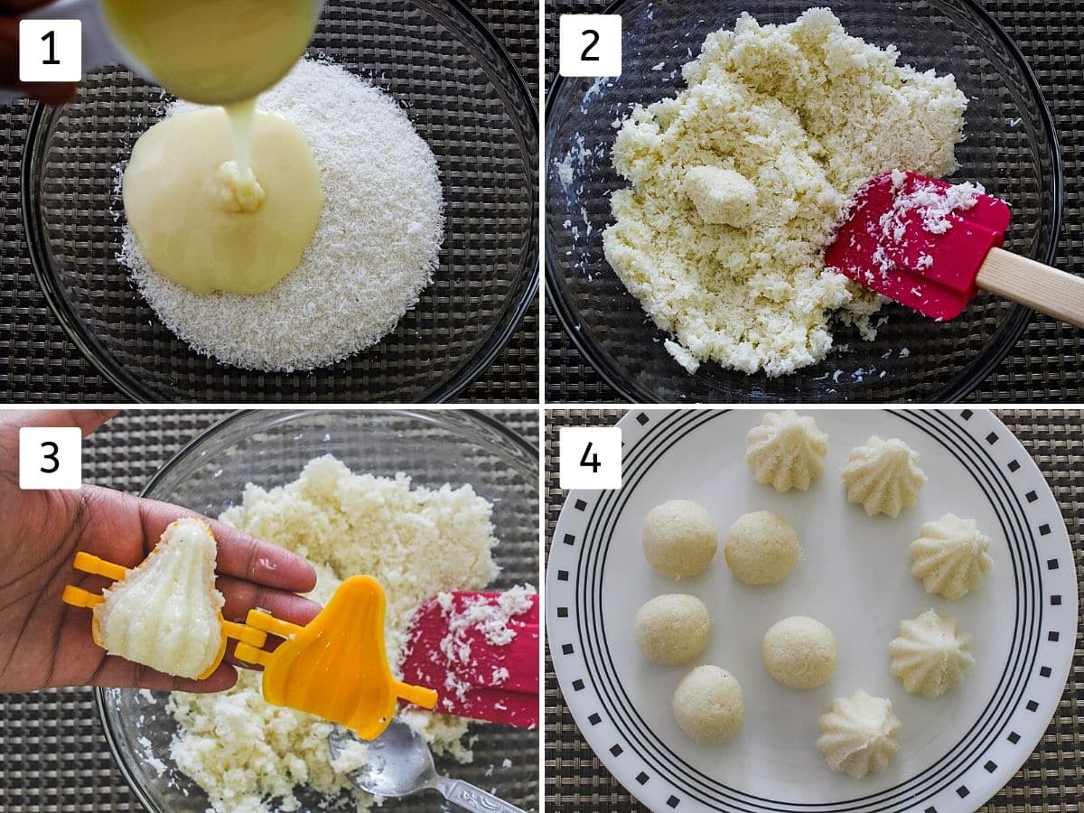 Collage of 4 steps. Includes mixing coconut and condensed milk, shaping into modak, ladoo