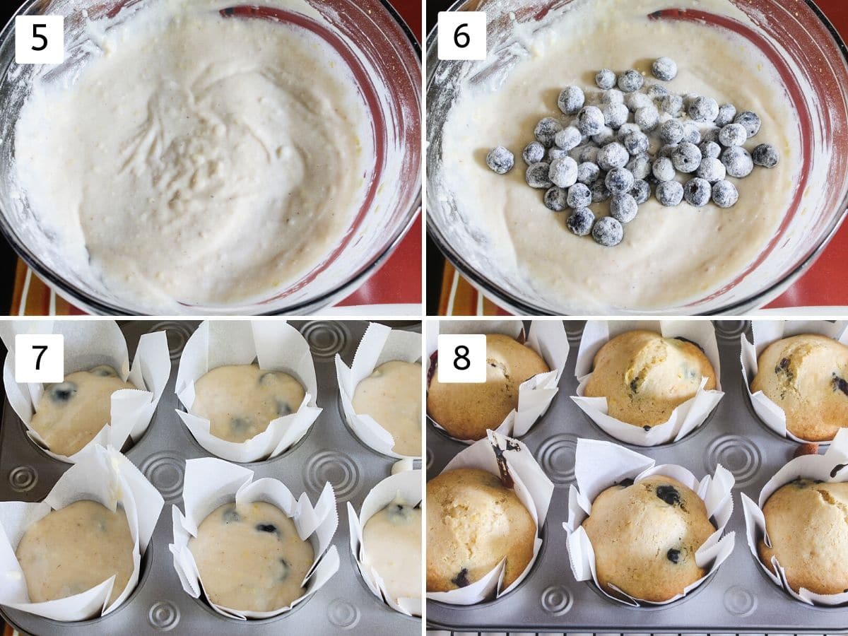 Collage of steps of making muffin batter, pouring into muffin pan and baked muffins.