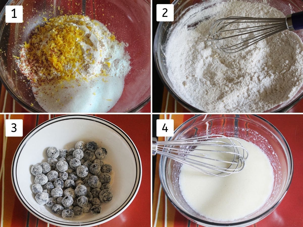 Collage of steps of mixing dry ingredients, coating berries with flour and mixing wet ingredients.