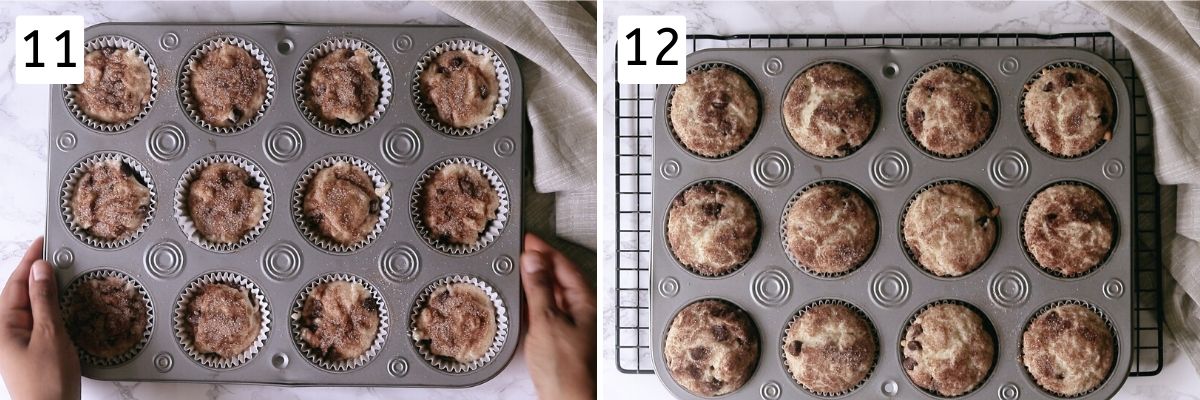 Collage of 2 steps. Showing muffin batter with topping in a muffin pan and baked muffins in a muffin pan