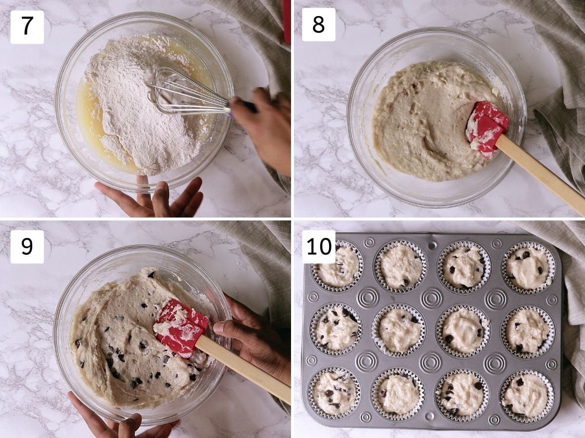 collage of 4 steps making muffins. Showing adding, mixing dry & wet, folding chocolate chips, diving batter into muffin pan.