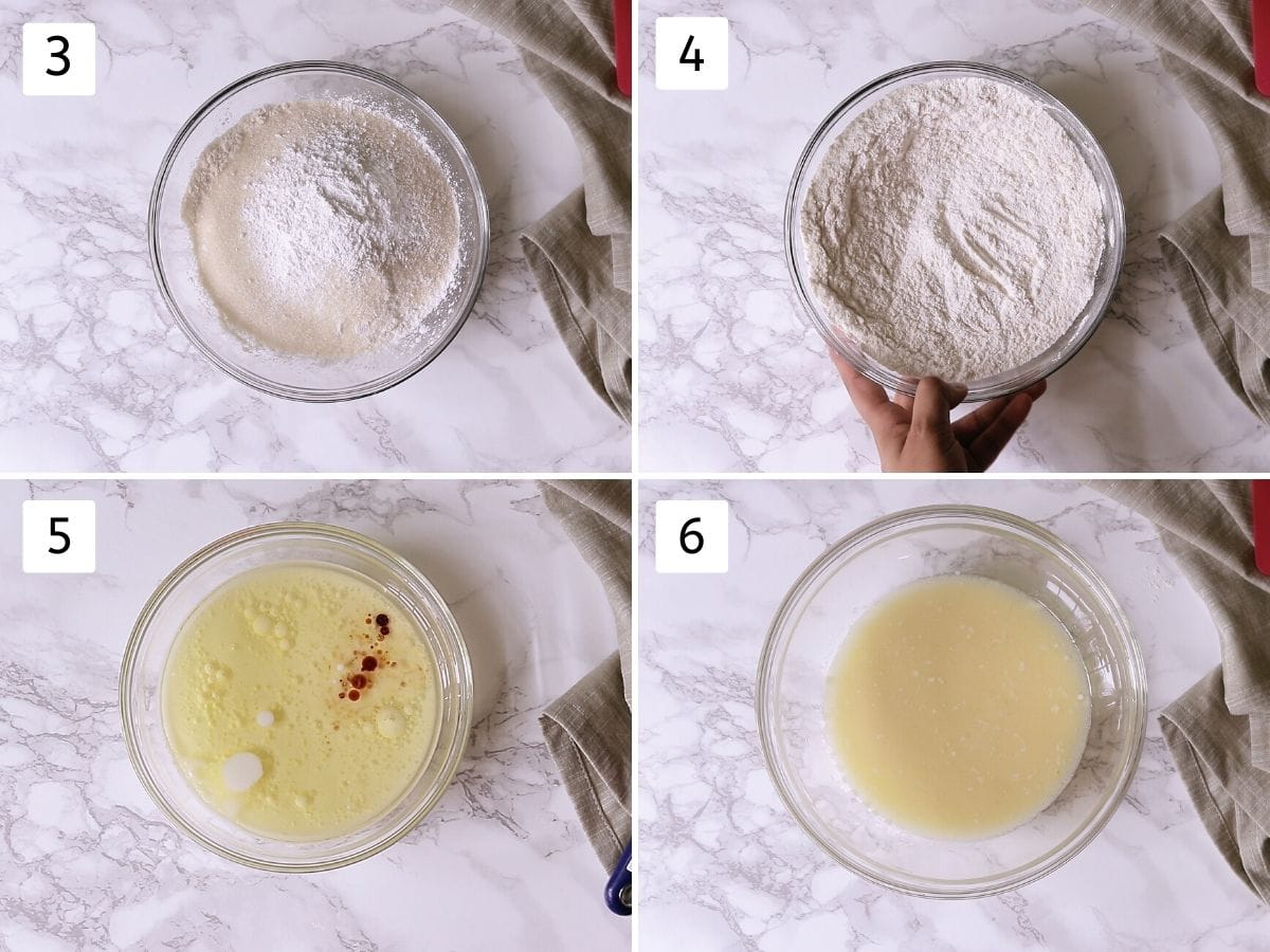 collage of 4 steps making muffin batter. Showing mixing dry ingredients and mixing wet ingredients.