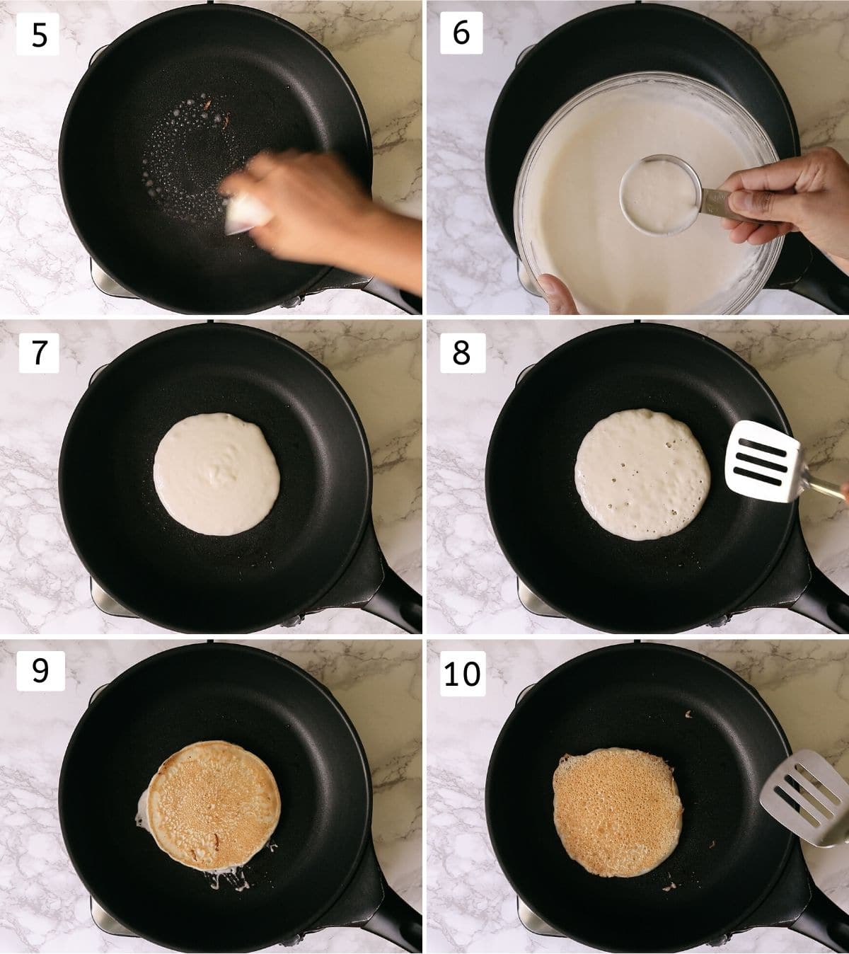 collage of making pancakes with pics of spreading butter, pouring batter and cooking till golden brown, flipping