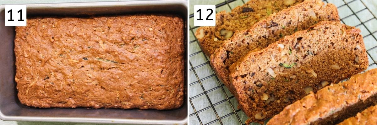 collage of baked zucchini bread in pan and slices on wire rack