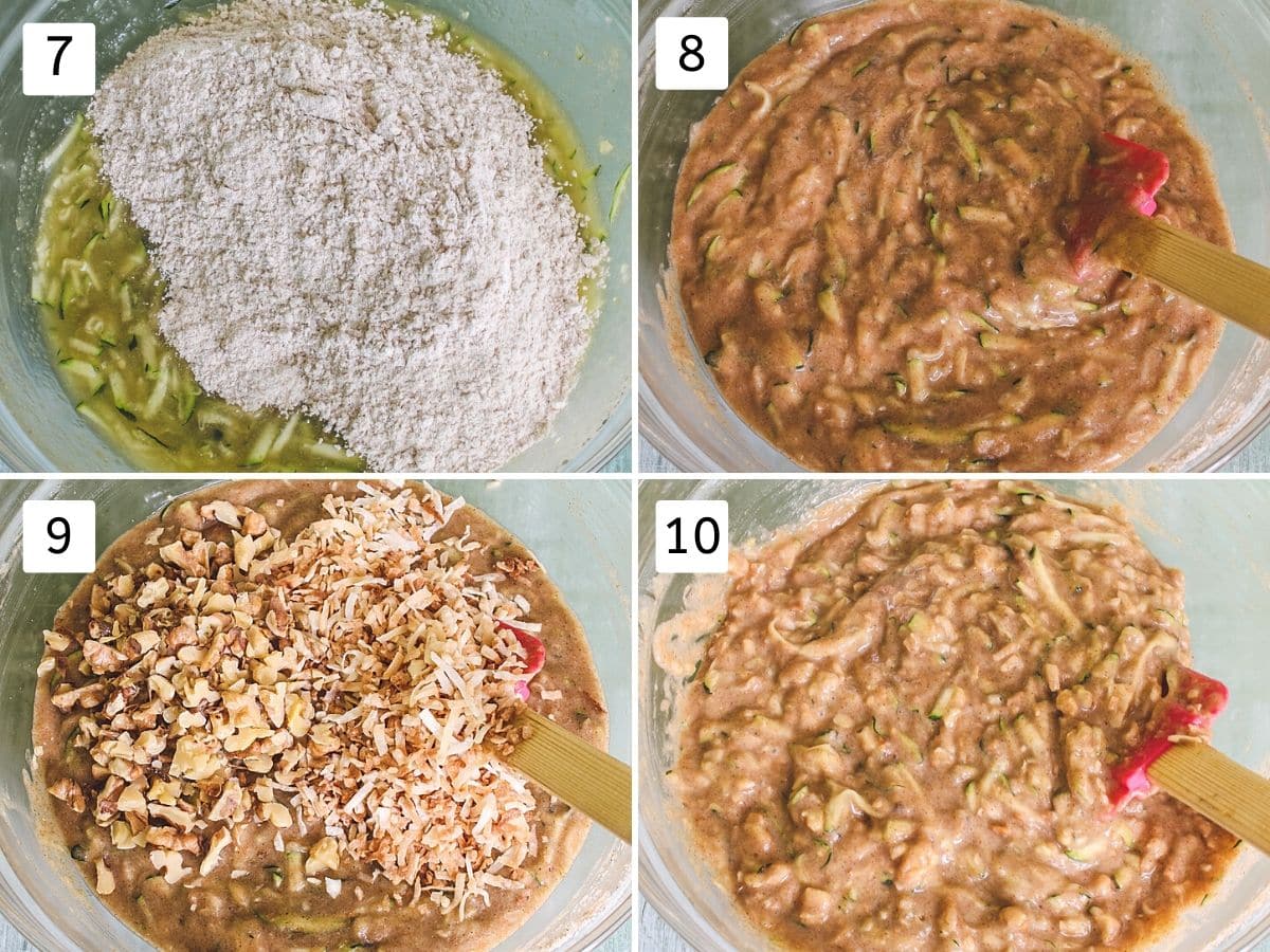Collage of 4 images showing folding dry ingredients into wet and folding coconut and walnuts.