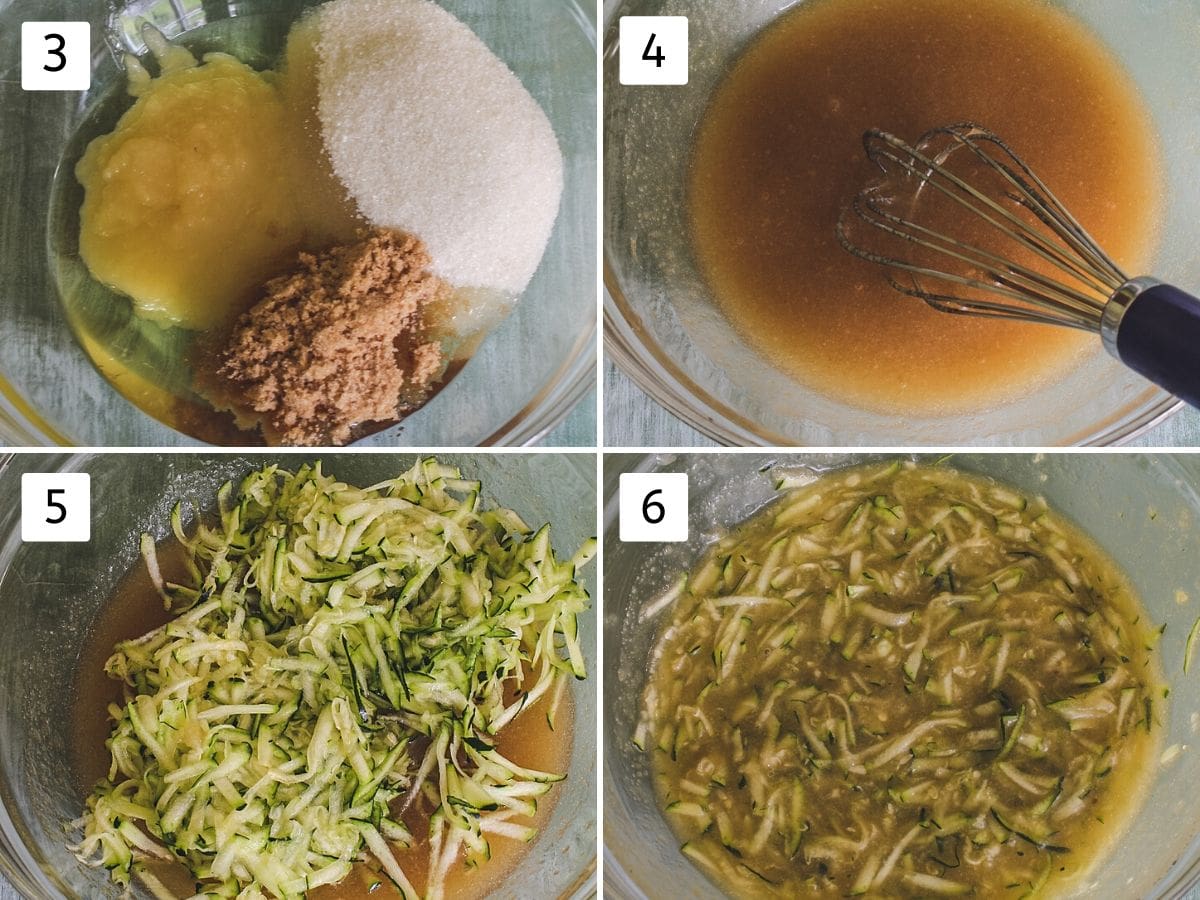 Collage of 4 images showing wet ingredients in a bowl, mixing and adding grated zucchini.