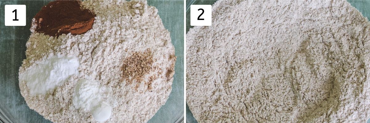 Collage of 2 images showing dry ingredients mixed in a bowl.