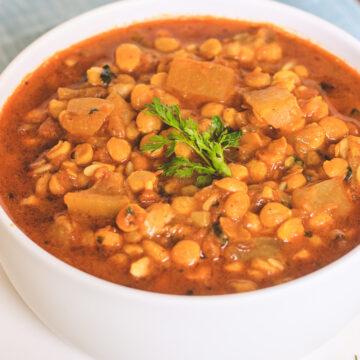 close up of lauki chana dal in a bowl with garnish of cilantro leaves