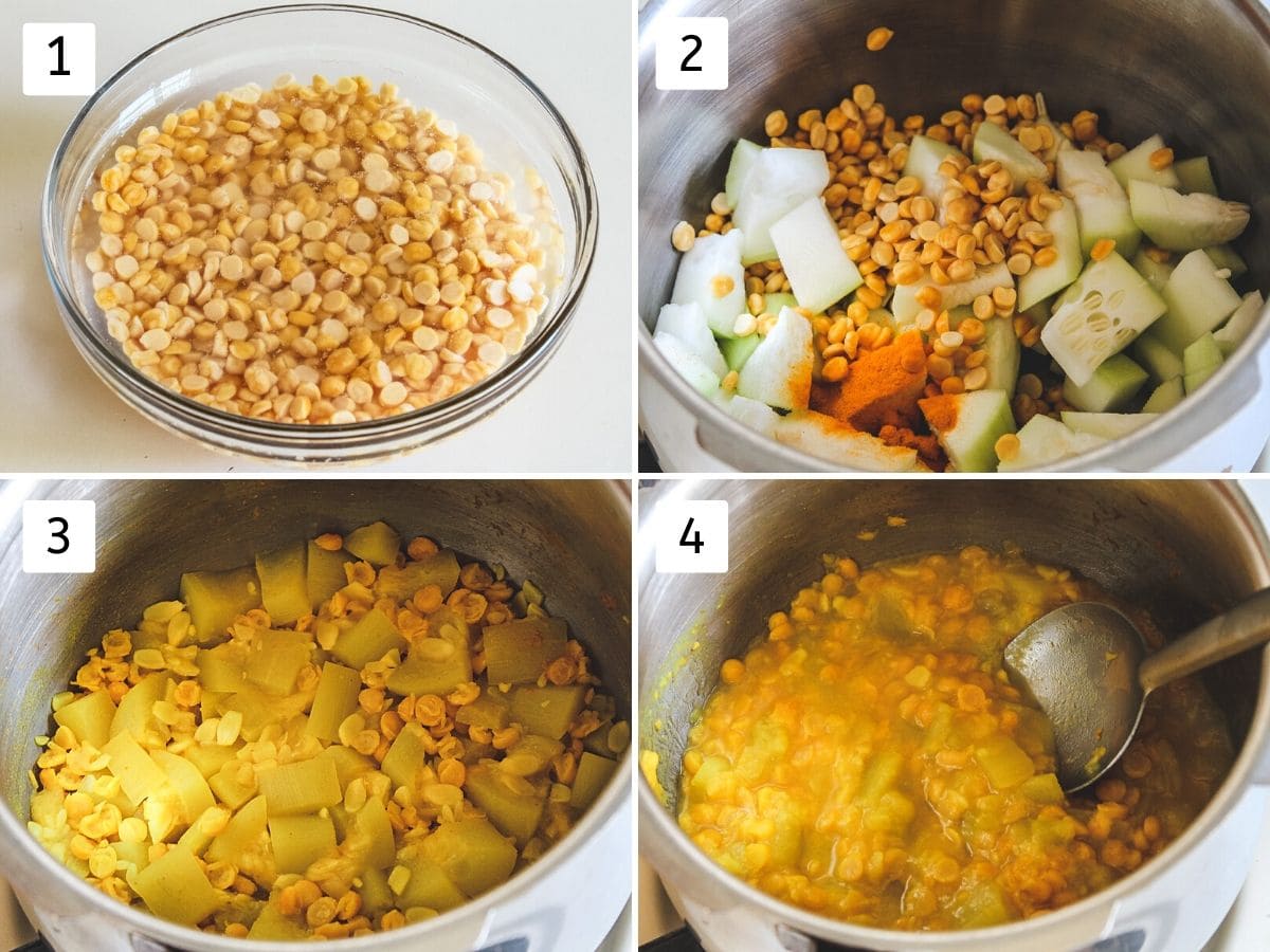 collage of soaking chana dal, adding in pressure cooker and cooking