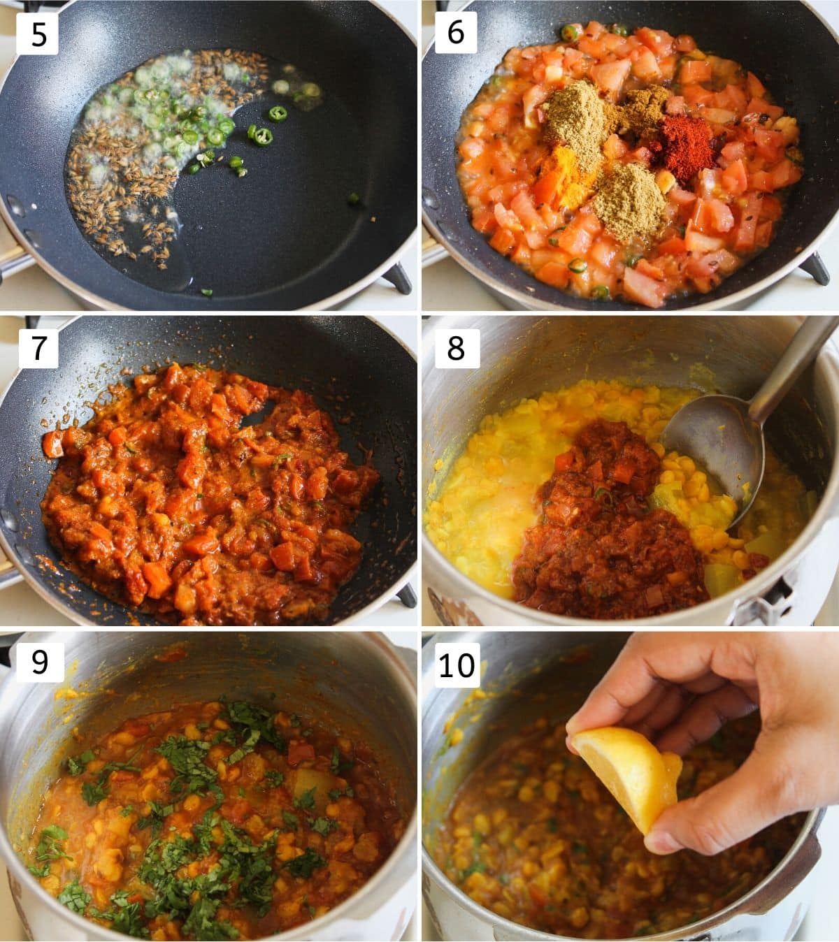 collage of sauteing cumin, chilies, adding, cooking tomatoes with spices, mixing with cooked dal, garnish with cilnatro and lemon