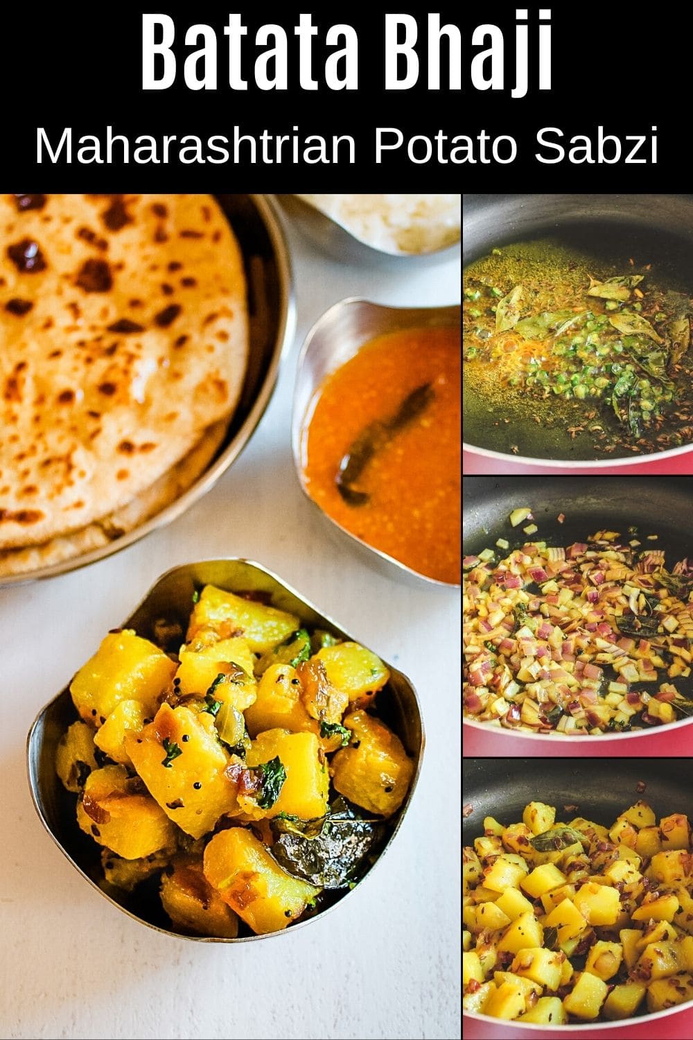 Potato bhaji pin with collage of 3 steps of sauteing spices, onion and mixing potatoes with text on top.