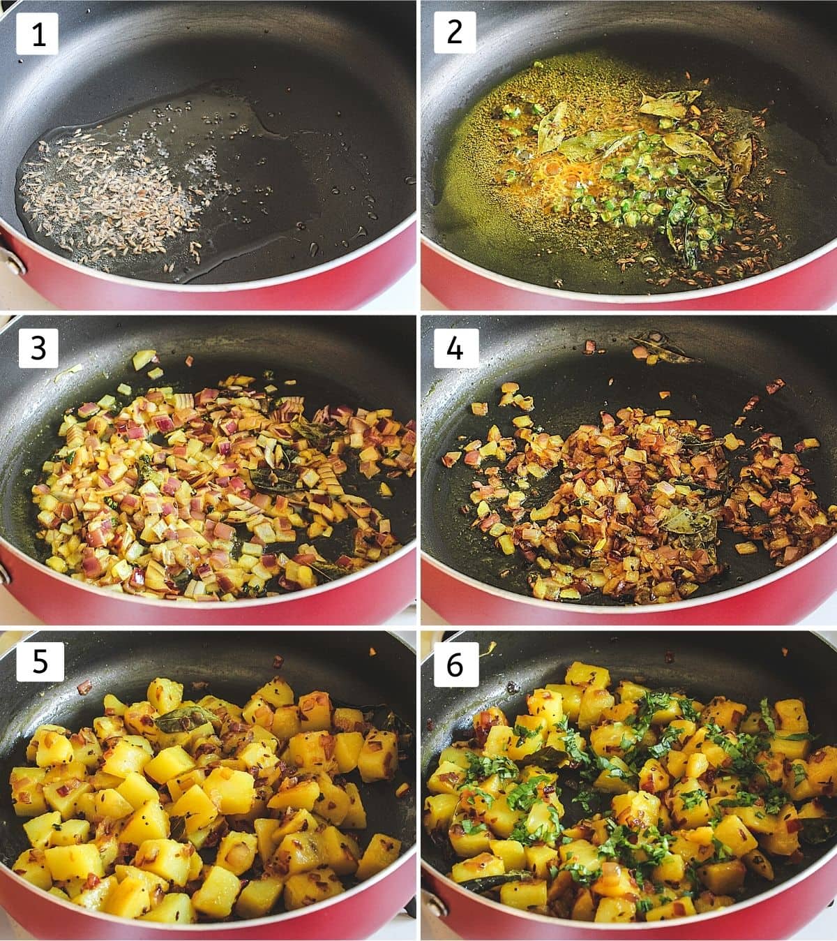 collage of 6 steps of making potato bhaji. Showing sauteing spices, curry leaves, onion, mixing potatoes and cilantro.