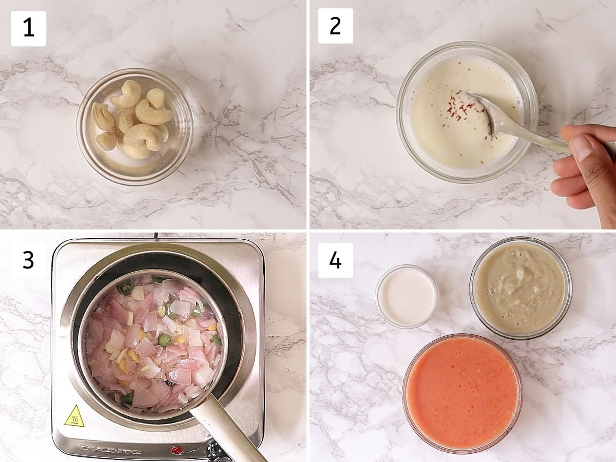 collage of soaked cashews, cream+saffron mixture, cooking onion and purees in bowls