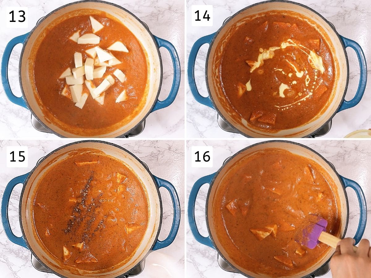 collage of adding paneer, cream, cardamom powder to the gravy