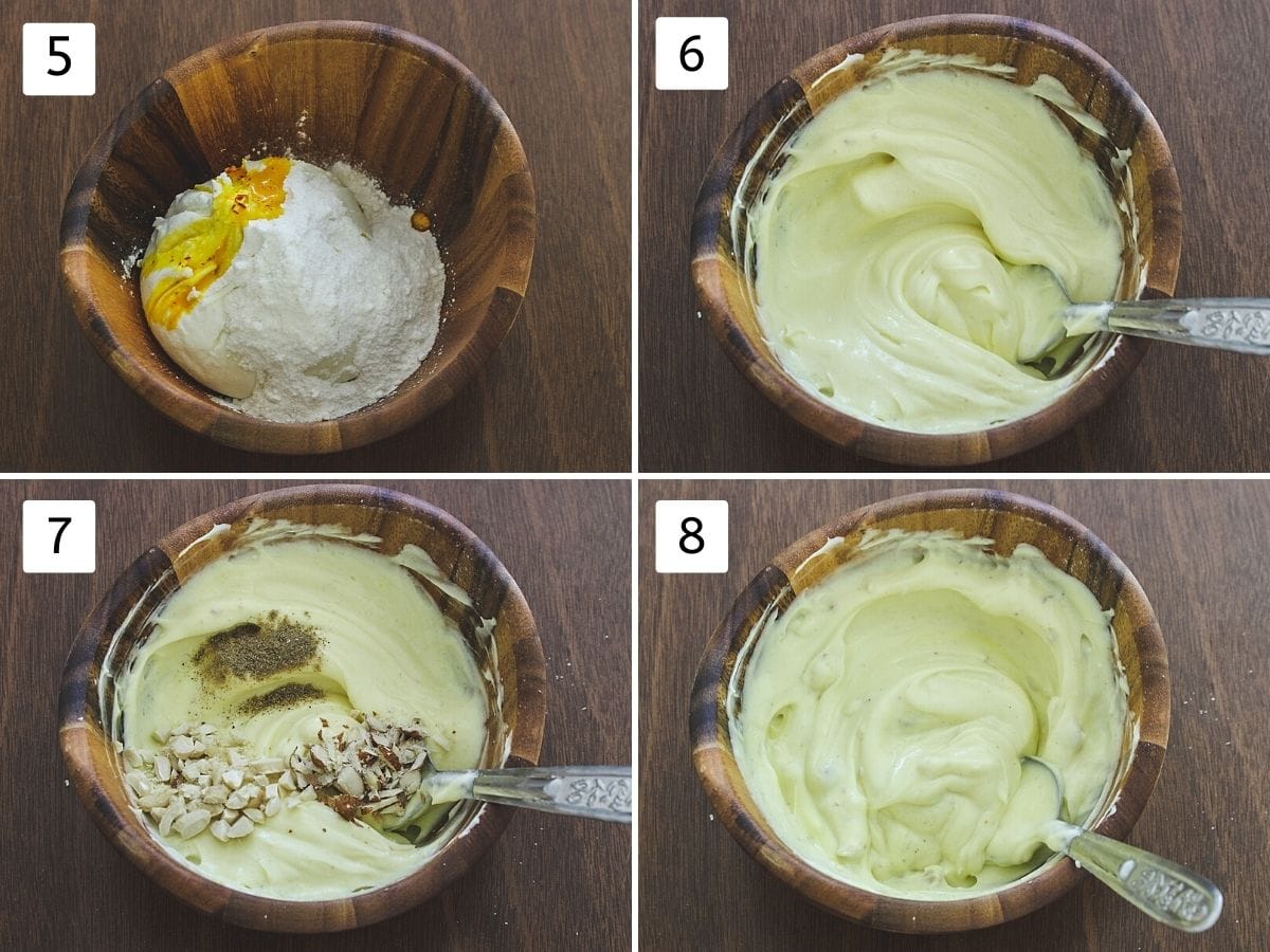 collage of making traditional shrikhand. Includes hung curd, sugar, saffron milk in a bowl, mixing, adding cardamom powder, nuts and mixing again.