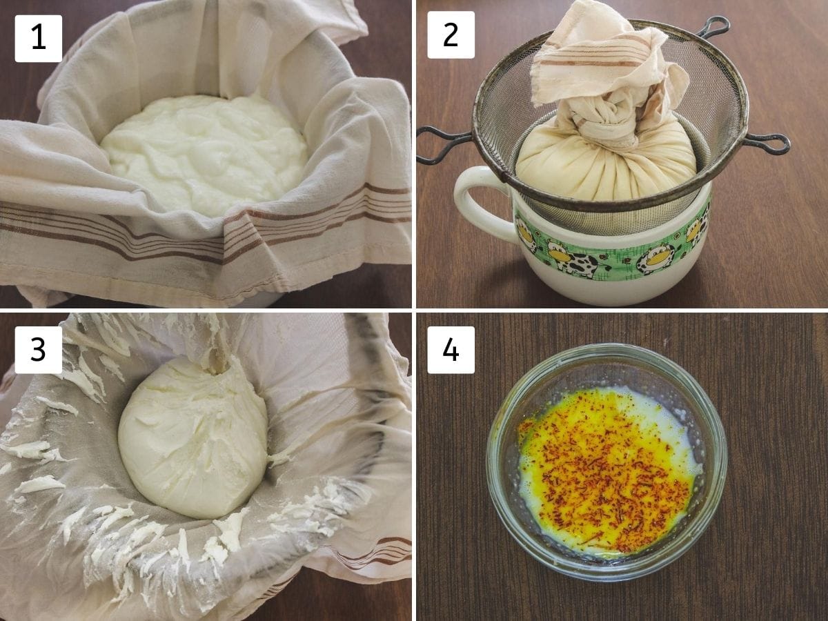 Collage of preparing for shrikhand recipe. Includes adding yogurt into the strainer with cloth, cloth is tied, hung curd ready, saffron dissolved milk.