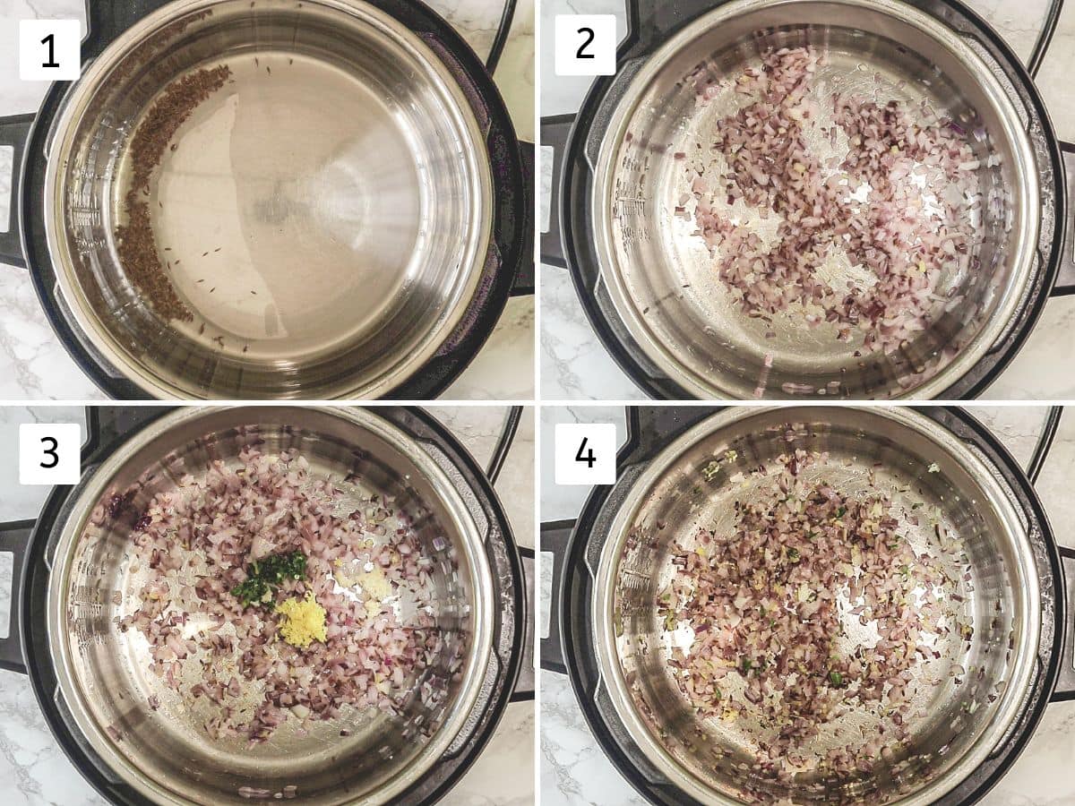 Collage of 4 images showing tempering cumin seeds, cooking onion, ginger, garlic and chili.