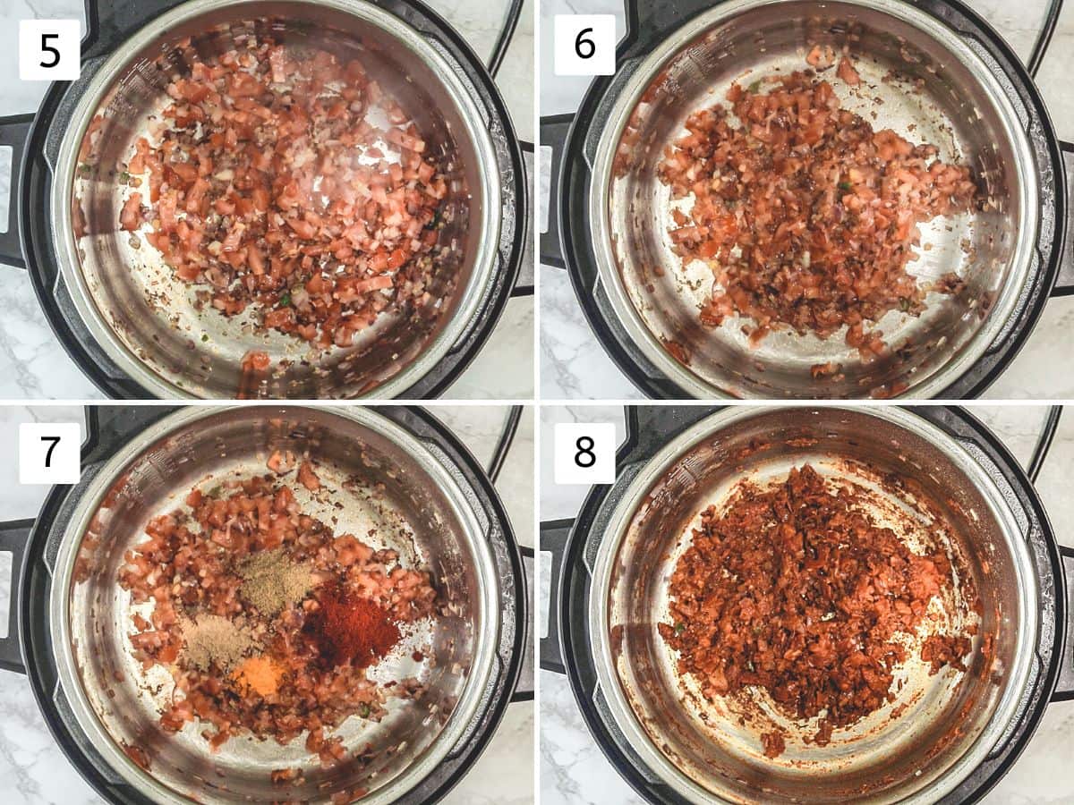 Collage of 4 images showing cooking tomatoes, adding and mixing spice powders.