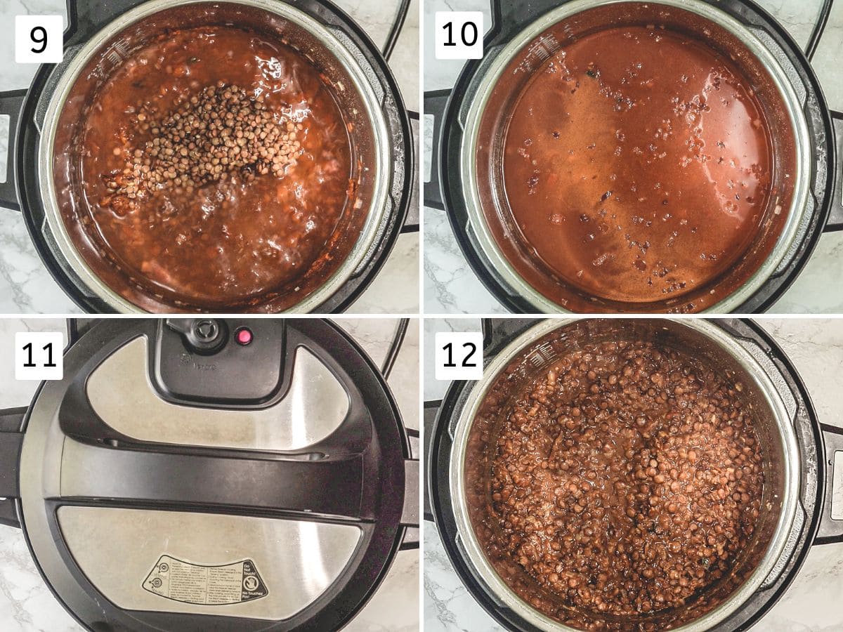 Collage of 4 images showing adding lentils, water, cooking in instant pot and cooked masoor dal.