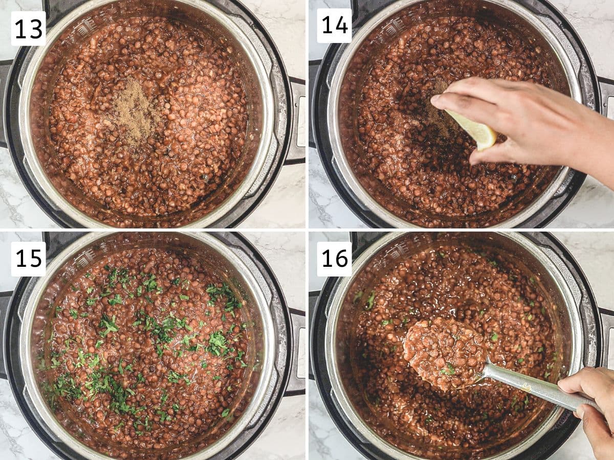 Collage of 4 images showing adding and mixing garam masala, lemon juice and cilantro.