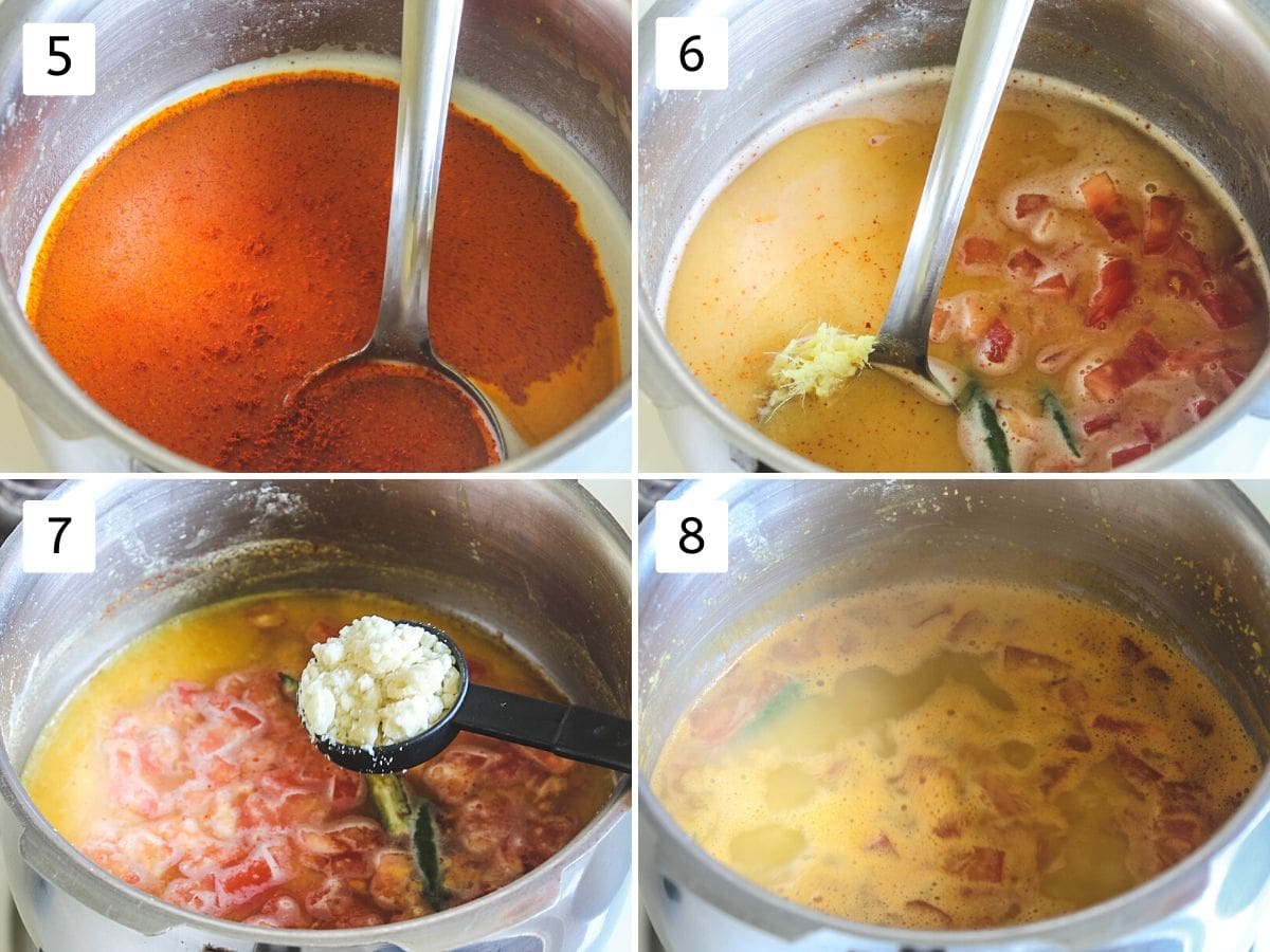 Collage of 4 images showing addition of spices, salt, green chili, ginger, tomato, jaggery and simmering dal