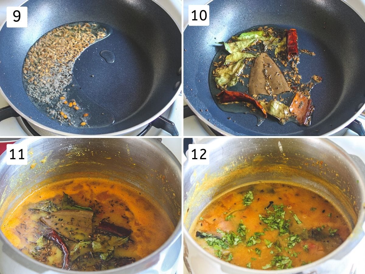 collage of 4 images showing tempering is made and added to dal, garnished with cilantro