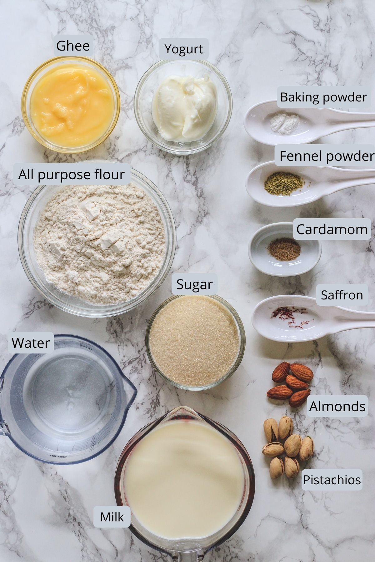 ingredients used in malpua inclides flour, cardamom, fennel powder, baking powder, water, sgar, yogurt, ghee, milk, nuts.