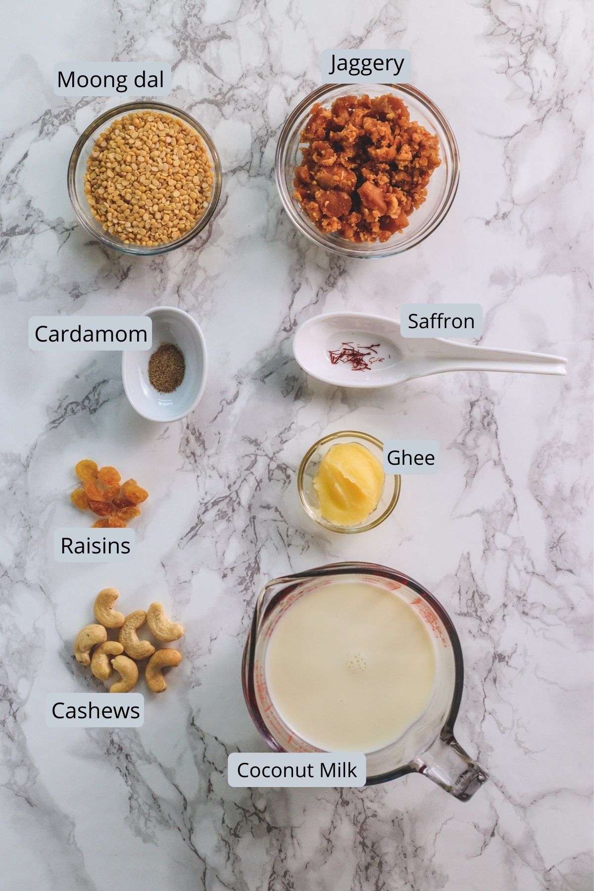 Ingredients used in paruppu payasam includes moong dal, ghee, coconut milk, cashews, raisins, saffron, cardamom